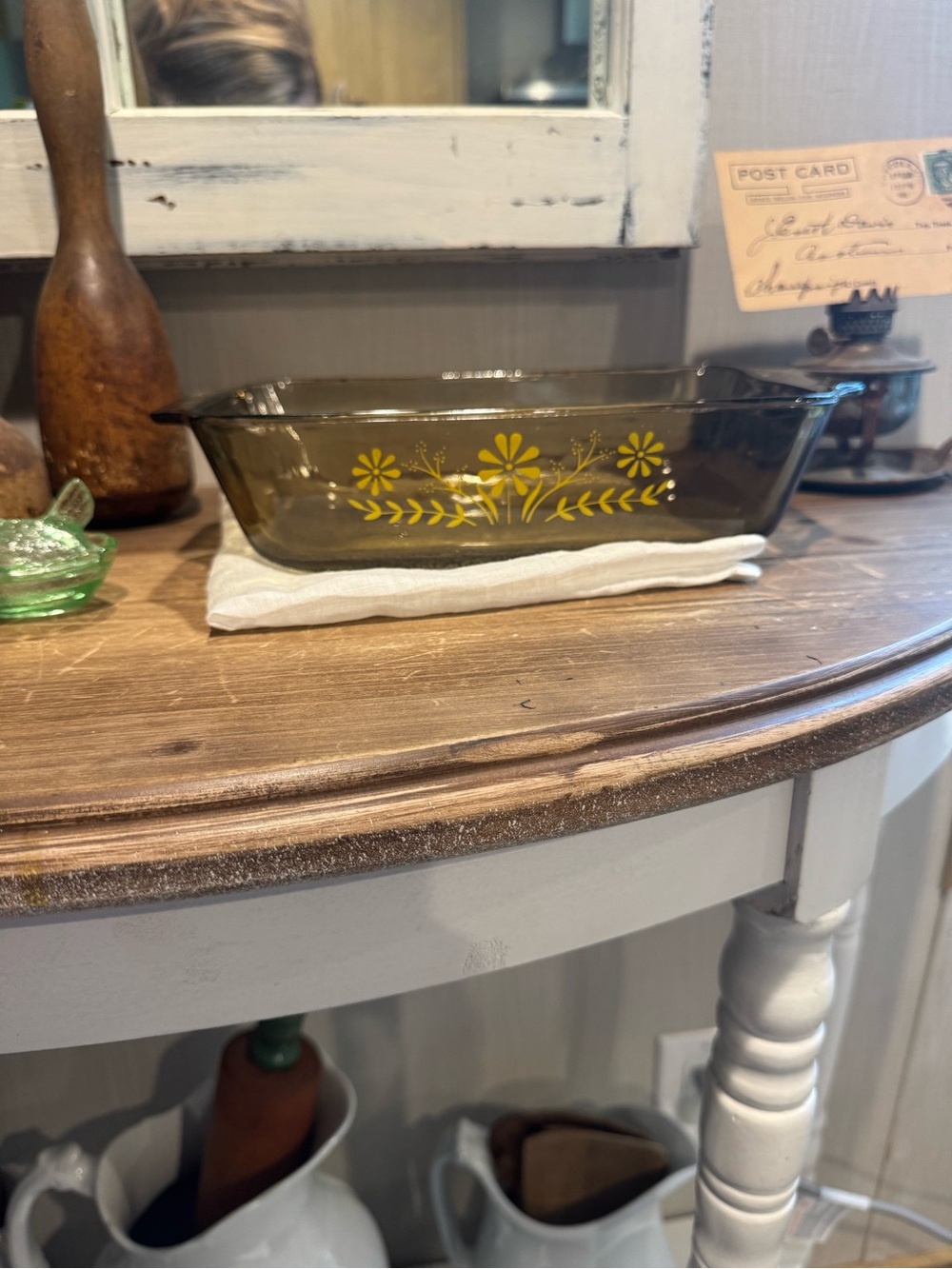 Glasbake Jeanette Loaf Pan Smoked Amber Yellow Daisies